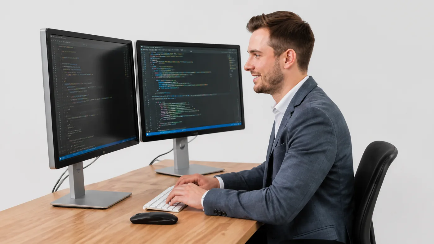 Entwickler an einem Zwei-Monitor-Arbeitsplatz